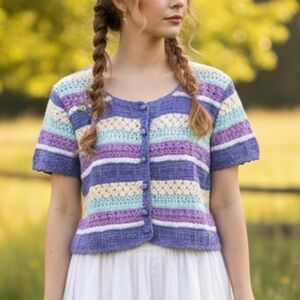 Krashetta M Vintage Boho Cottagecore Grandmacore Pastel Striped Crochet Knit Top